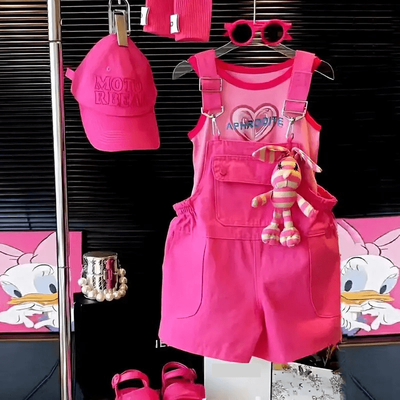 Mother & Kids Girls summer casual overalls stylish casual rose red overalls 2024 new style for middle and large children loose and versatile