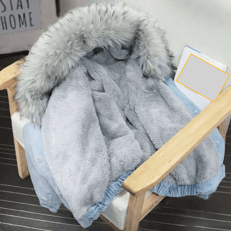 Women's Clothing autumn and winter new denim jacket for women loose female students plus velvet thickened large fur collar hooded jacket for women
