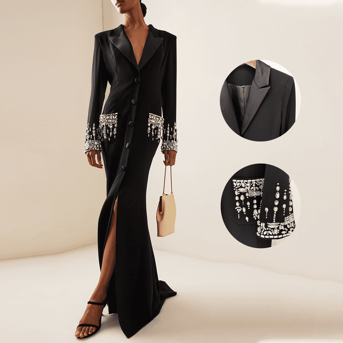 Heavy Beaded Diamond Collar Dress - Fishtail Mermaid Gown With Suit-Style Lapels (European/American Star Fashion)​​