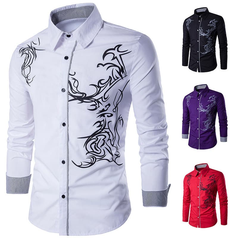 Men's Long Sleeved Dragon Print Slim Shirt Slim Fit Long Sleeve Shirt - Dragon Print Cotton Blend, Casual & Stylish - White, Black, Purple, Wine Red