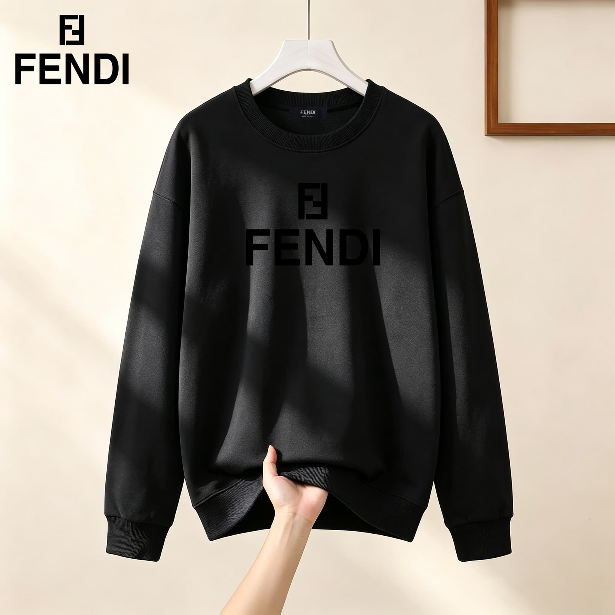 Sweat-shirt homme à col rond et manches longues avec logo FF et imprimé lettres noirs