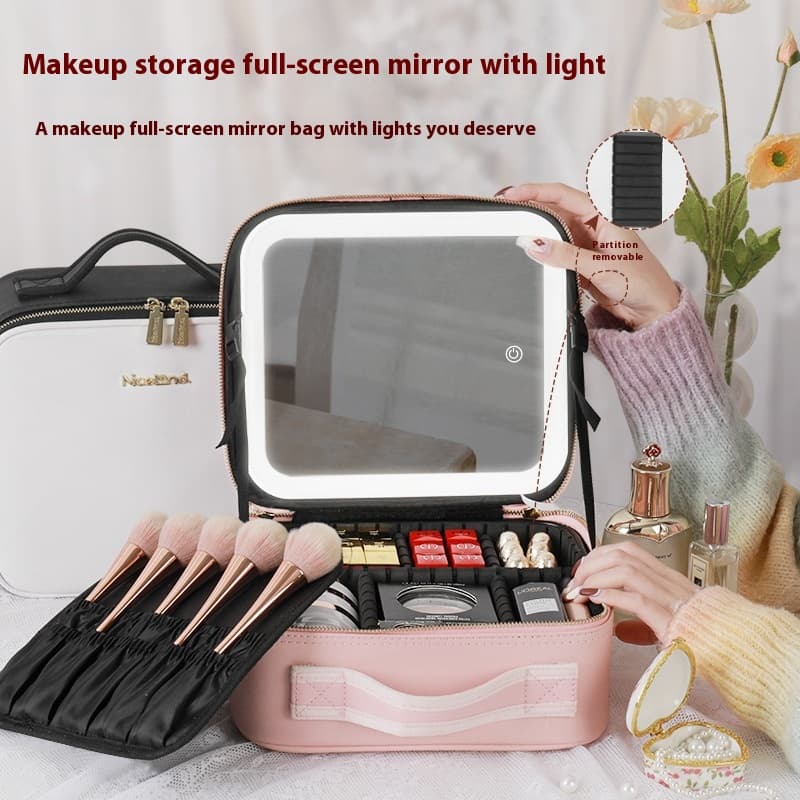 Large capacity makeup bag with light, mirror, detachable partition, cosmetic storage bag, handhd and portable for