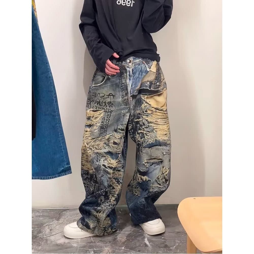 Men's Clothing Unisex Distressed Jeans With Graffiti Print | Loose Straight Leg Vintage Denim Pants (S-3XL) | Washed Blue Cotton Hip Hop Streetwear