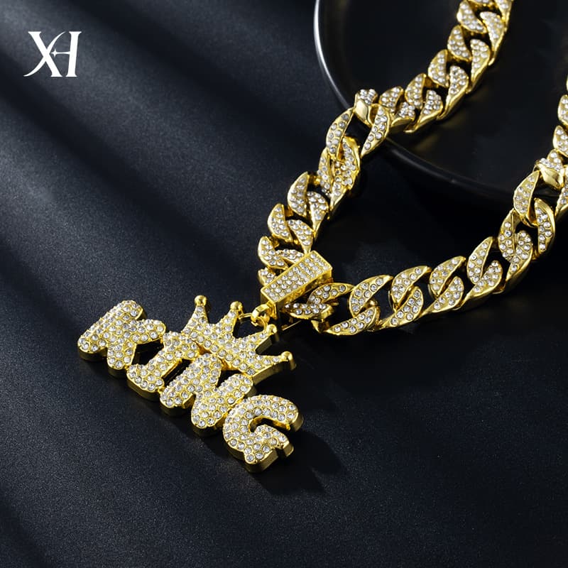 Wind Crown Letter KING Full Diamond Pendant Thickened Cuban Chain Trendy Men's Hip-Hop Jewelry