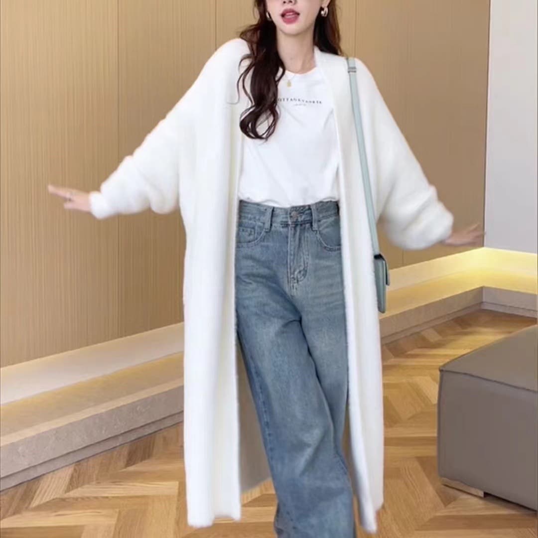 Soft & Cozy Knit Cardigan Sweater For Women – Oversized Long Open Front Coat With Luxe Faux Mink Texture, Loose Fit & Elegant V-Neck