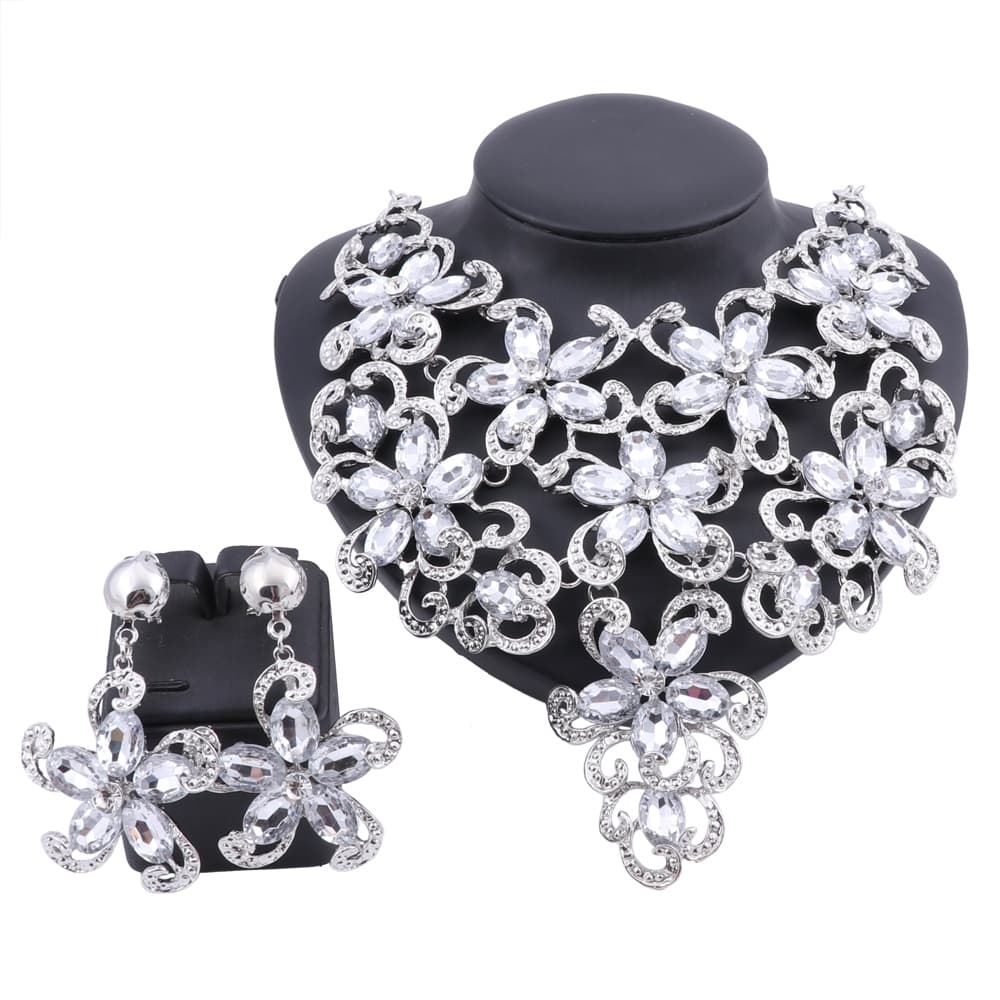 Women Accessories Wedding Bridal Silver Color Statement Crystal Flower Pendant Necklace Earring Party Jewelry Set