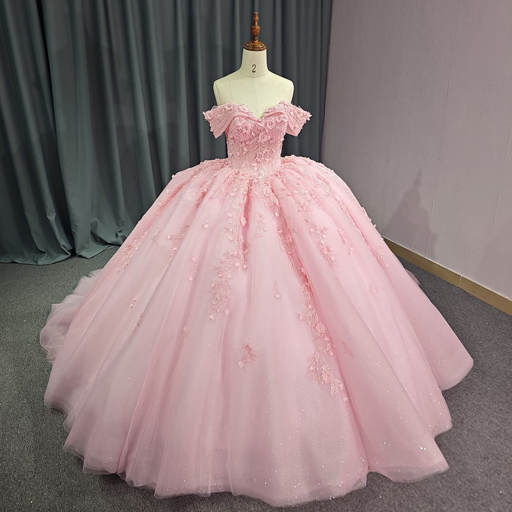 Women's Clothing Romantic Off-Shoulder Ball Gown – Pink Tulle Wedding Dress With Chapel Train (XS-3XL, Princess Silhouette, No-Label Elegance)​