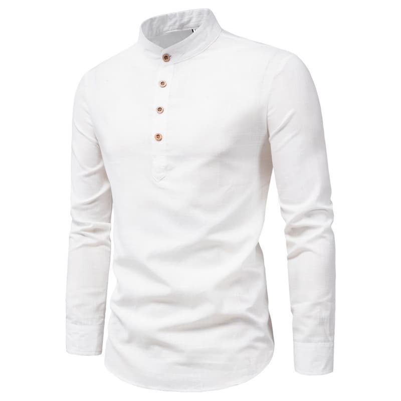 Men's Linen-Like Long Sleeve Shirt - Oversized Stand Collar Pullover Top (Beige/Gray/Black)​