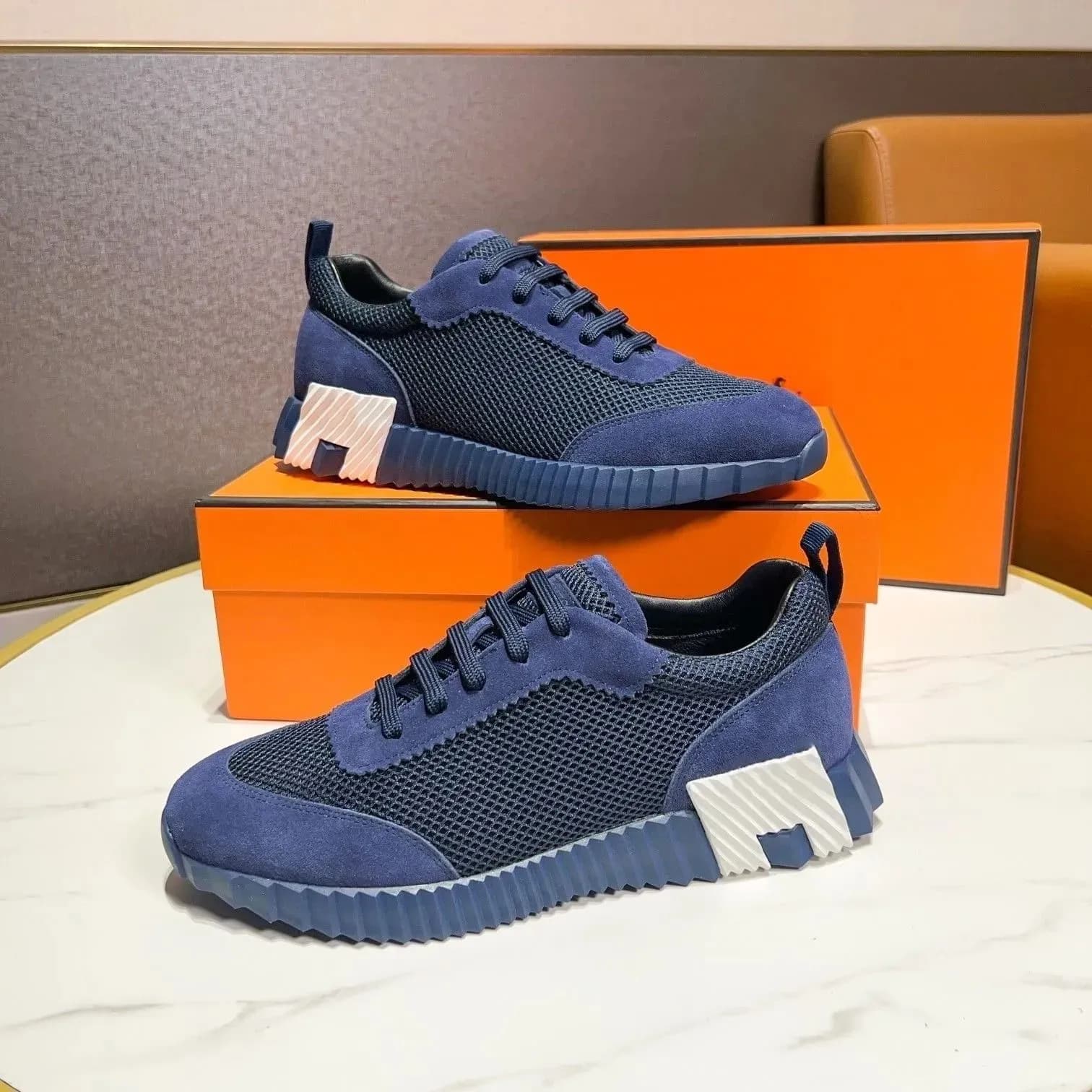 Baskets montantes de marque H pour homme, style décontracté, en cuir et mesh, à lacets, style running.