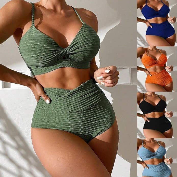 Women's High-Waist Push-Up Bikini Set – Solid Color Two-Piece Swimwear With Removable Padded Cups