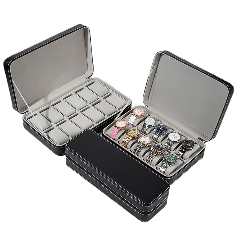 Black Blue Gray Portable 6 Bit 10 Bit 12u Leather Zipper Bag Watch Box Flip Cover Jewelry Storage Box