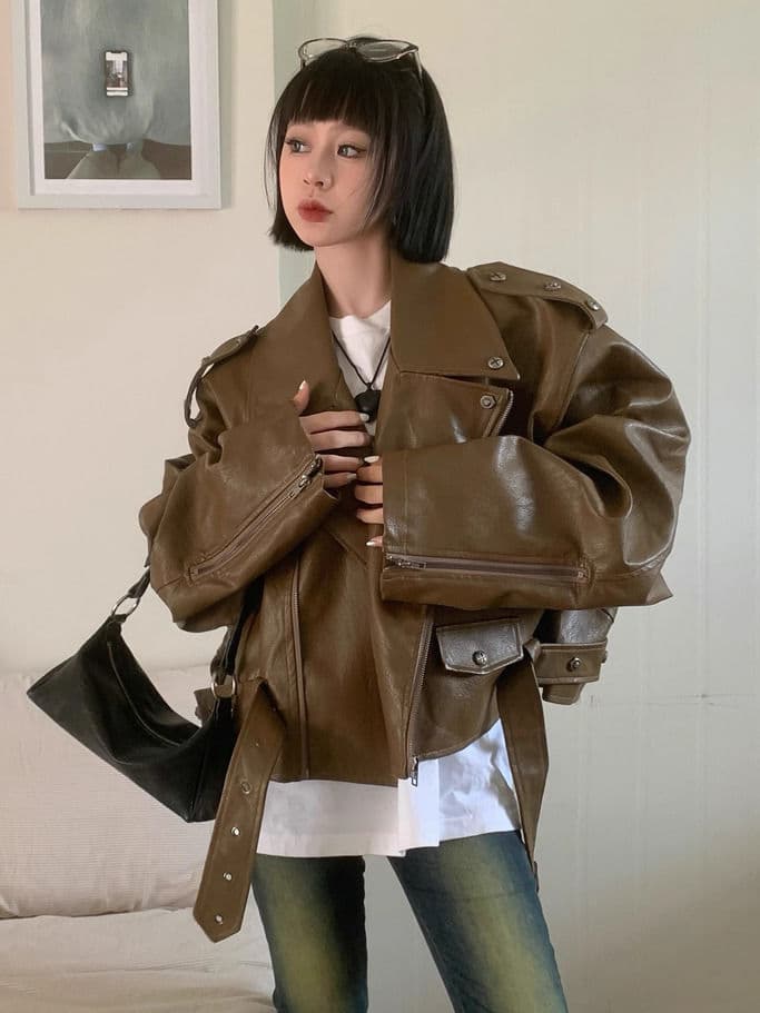 ELLE American Retro Heavy-duty Rivet Motorcycle Leather Women, New Loose-fitting Short Jacket For Autumn