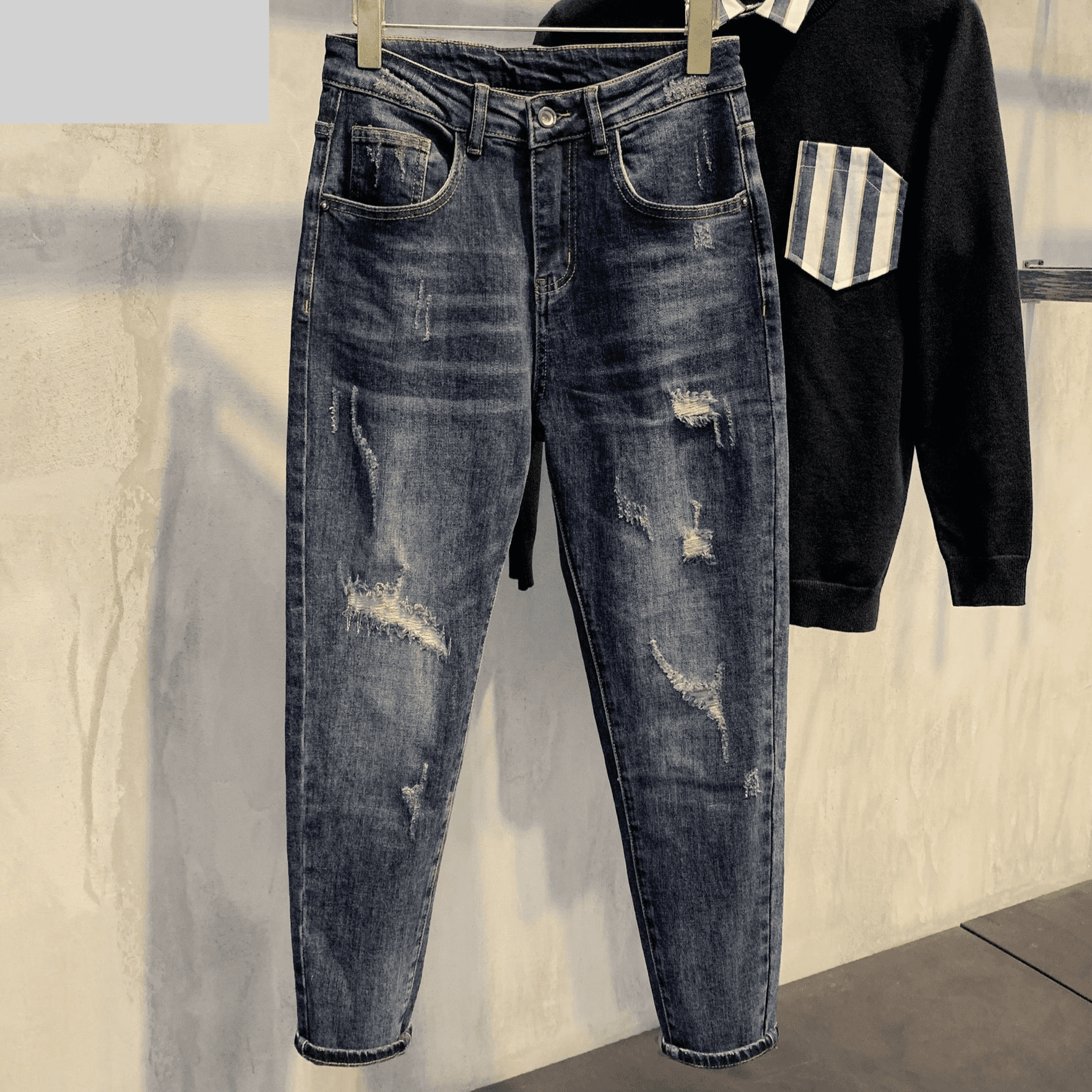 Men's Clothing Autumn New Washed Blue Jeans For Men Trendy Ripped Patches Slim Fit Slim Fitting Versatile Trendy Trousers