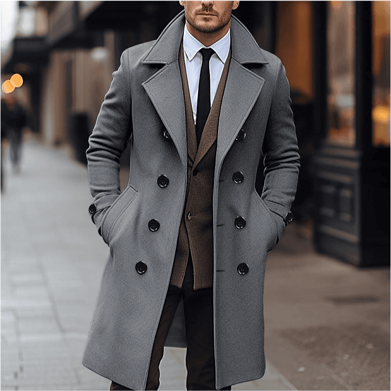 ​Classic Double-Breasted Wool Overcoat For Men - Slim Fit Long Coat With Notch Lapel, Side Pockets (Black, Khaki, Dark Grey)​