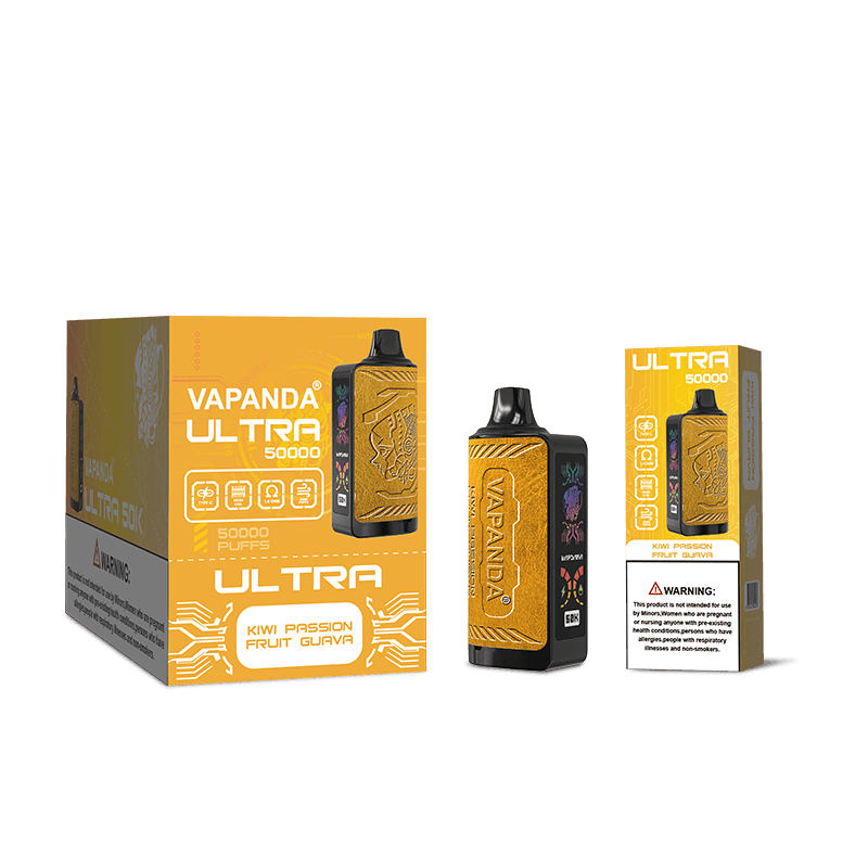 Vapanda Ultra 50k Vape, cigarette électronique jetable de luxe avec écran latéral et cuir, très tendance.