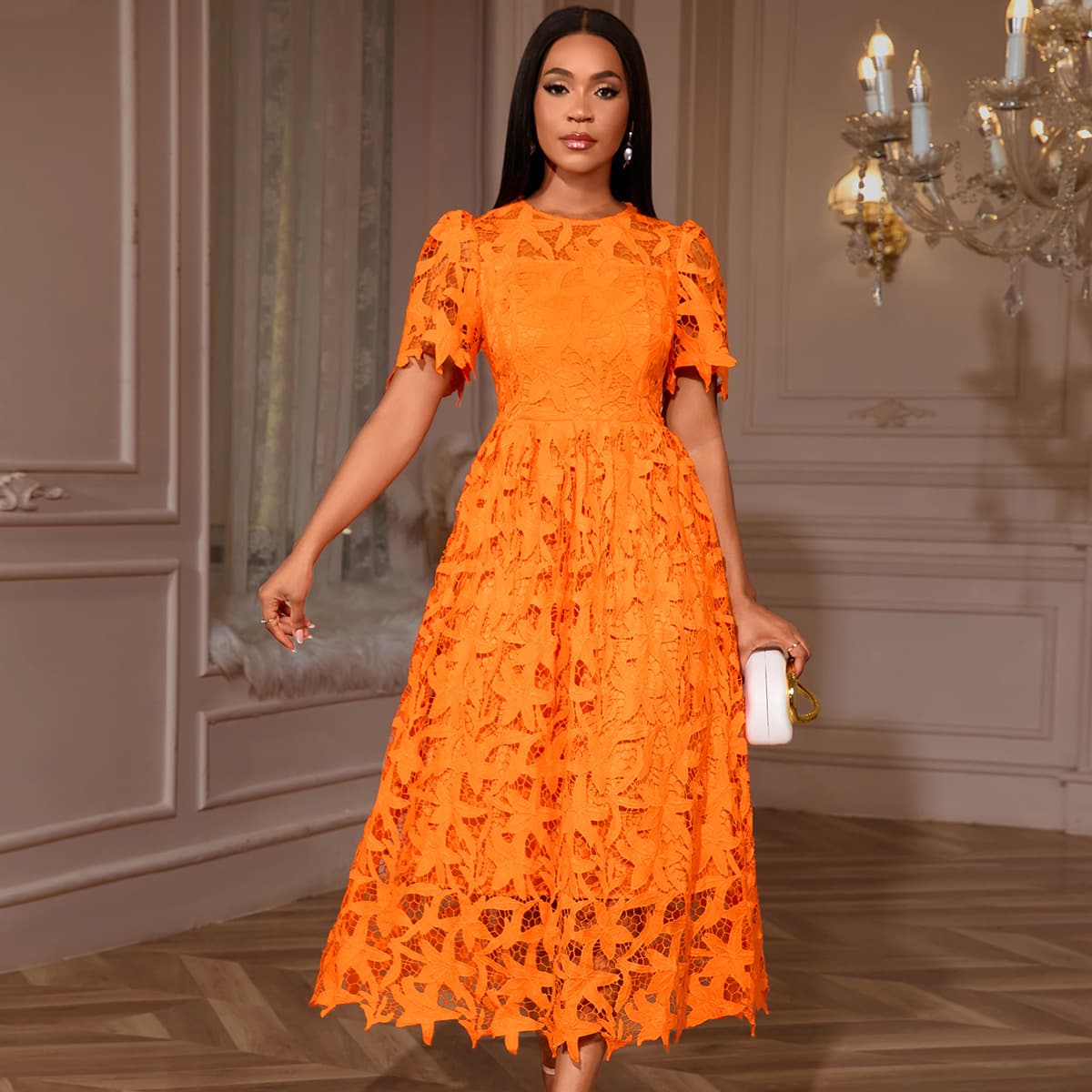 Elegant Lace Maxi Dress – High Waist A-Line Party Gown With Puff Sleeves (Breathable Polyester-Spandex, S-4XL)