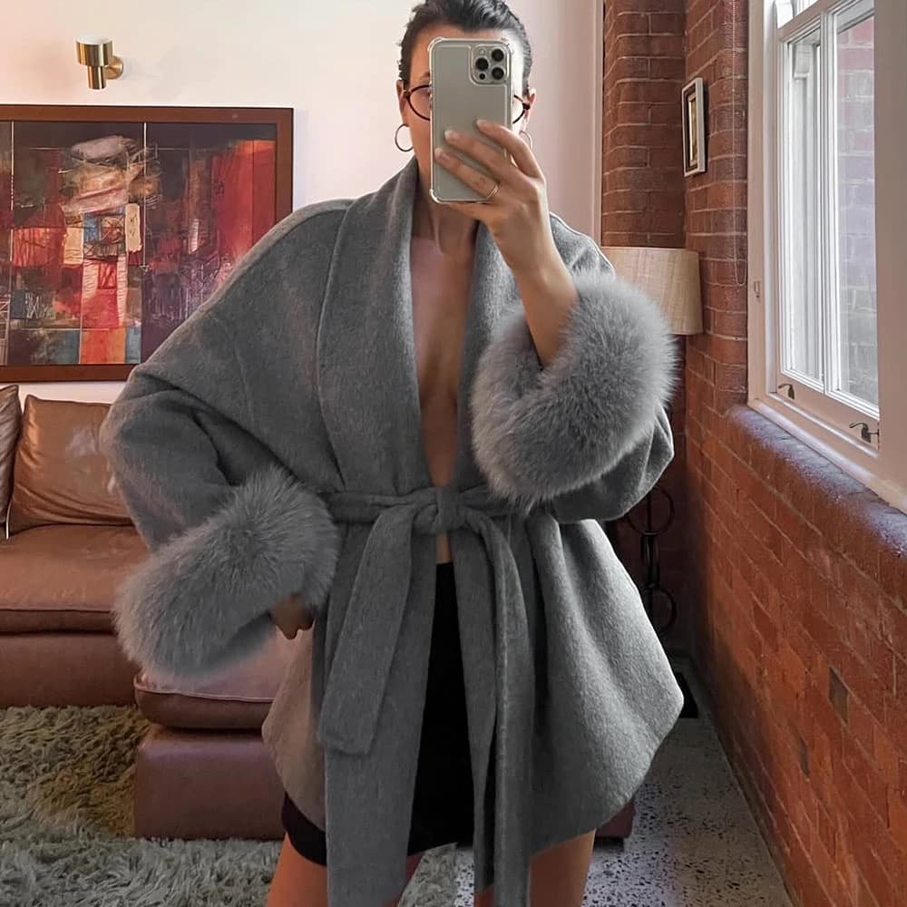 Women's Clothing Autumn And Winter Woolen Coat Short Coat Women's Cuffs Fur V Neck Lace Up Solid Color