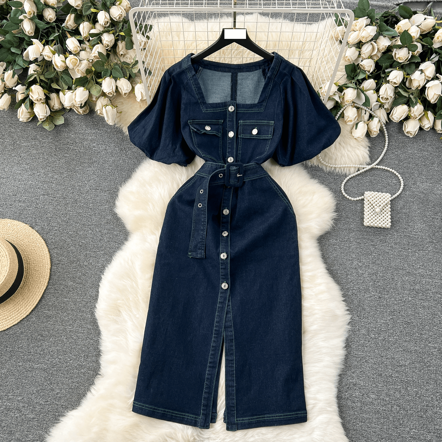 Women's age-reducing design, exposed line buttoned, slim-fitting, mid-length, split denim dress for women