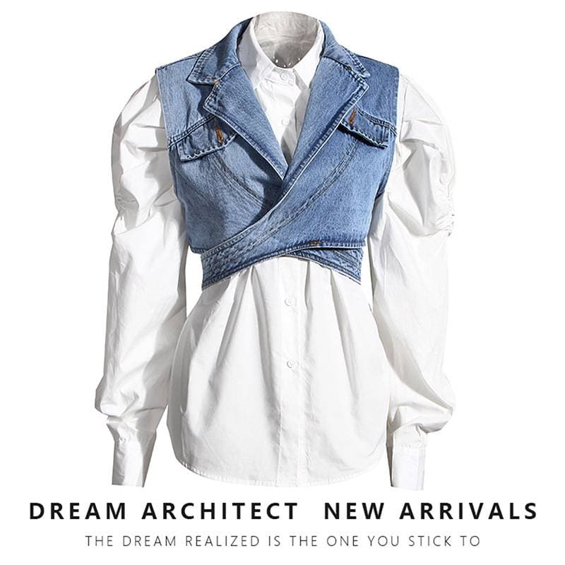 The new two-piece short irregular denim vest shirt with puffed sleeves loose fashion suit women