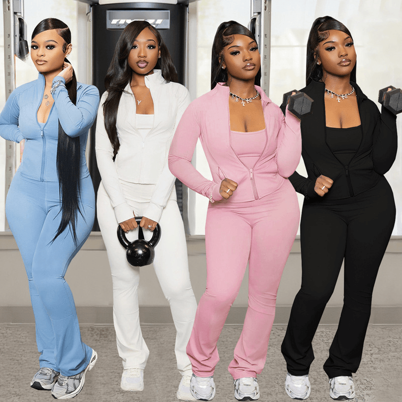 Women's Clothing Fashion Solid Color Pocket Cardigan Jacket Casual Jumpsuit Sports Two Piece Suit