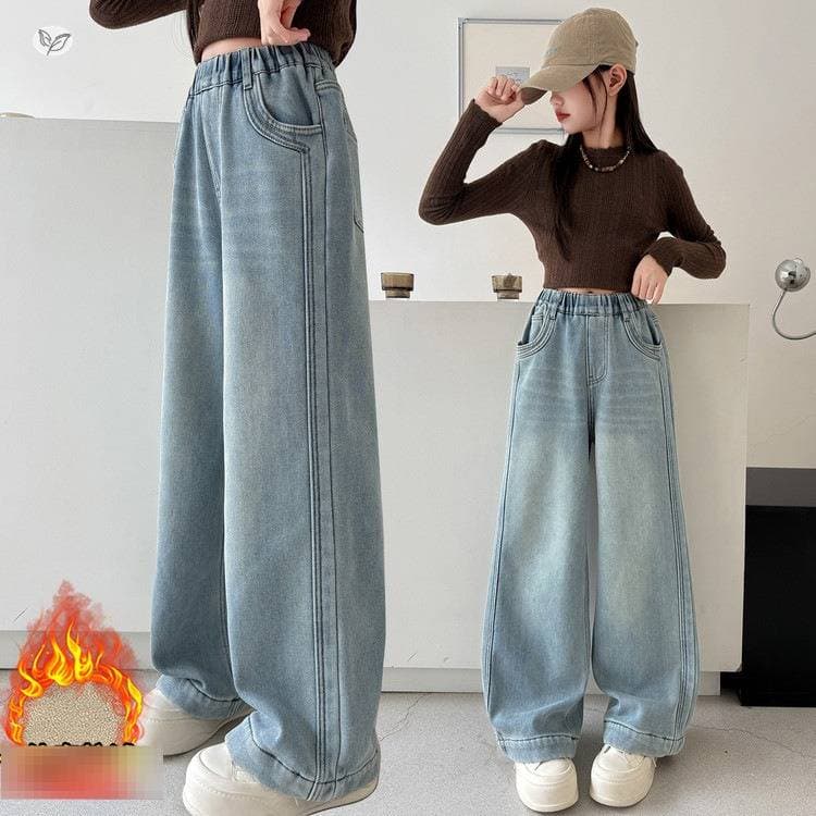 "Girls' Fleece-Lined Jeans – Light Blue, Wide Leg, Patchwork Design (120-170cm, 3-12Y)"