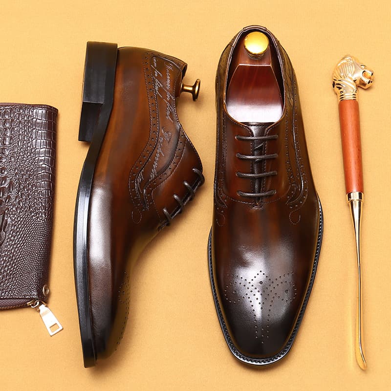 [Non] Pointed Shoes Men's Genuine Leather Handmade Business Formal Wear Pointed Carved Blok