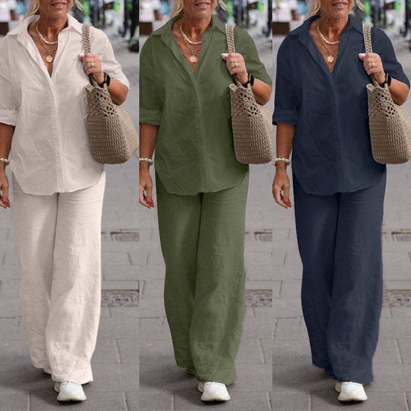 women's two-piece set women's 2023 lapel long-sleeved shirt spring and autumn casual solid color pants wide leg suit