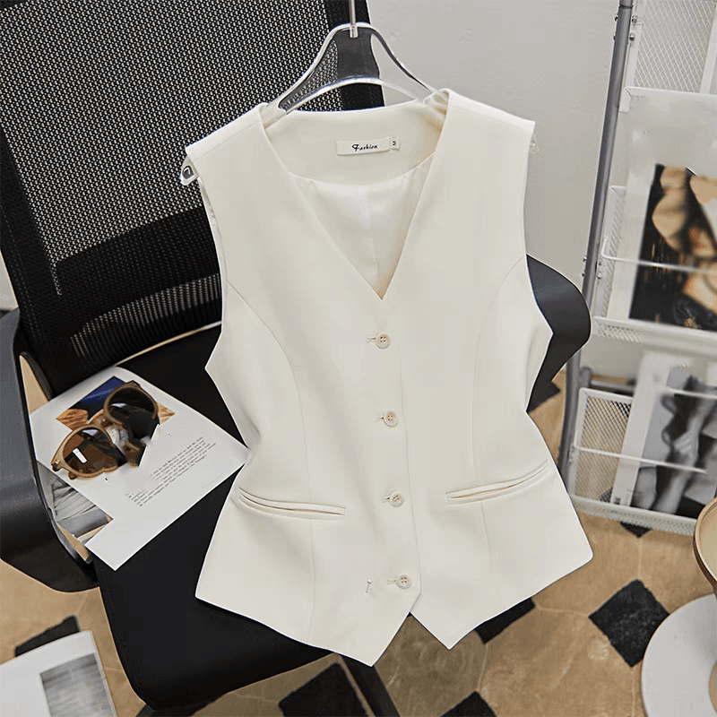 Women's Clothing fashion waist short vest jacket in summer high-end temperament V-neck white suit vest