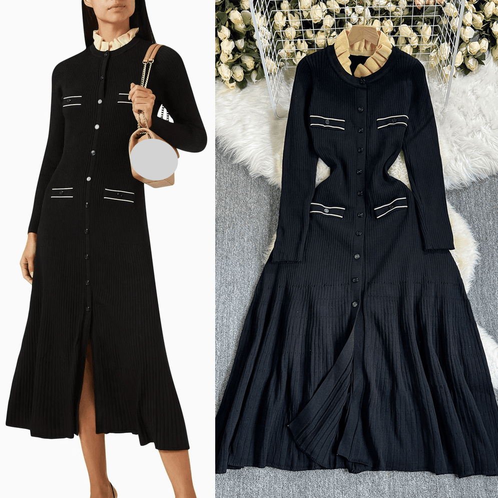 Women's Clothing autumn and Winter Elegant Contrast Color Lace Collar Long Sleeve Temperament Slimming Black Long Knitted Dress