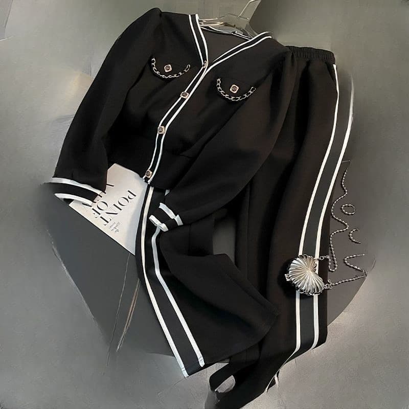 Women's Clothing Casual Sports Suit Set Spring/Autumn Style Casual Lounge Set – Trendy Wide-Leg Pants & Top (White/Black, S-2XL)