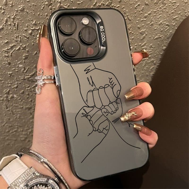 Warm Family Holding Hands Couple Electroplate Silver IMD Case For iPhone 16 11 12 13 14 15 Pro Max 7 8 Plus X XS XR Back Cover