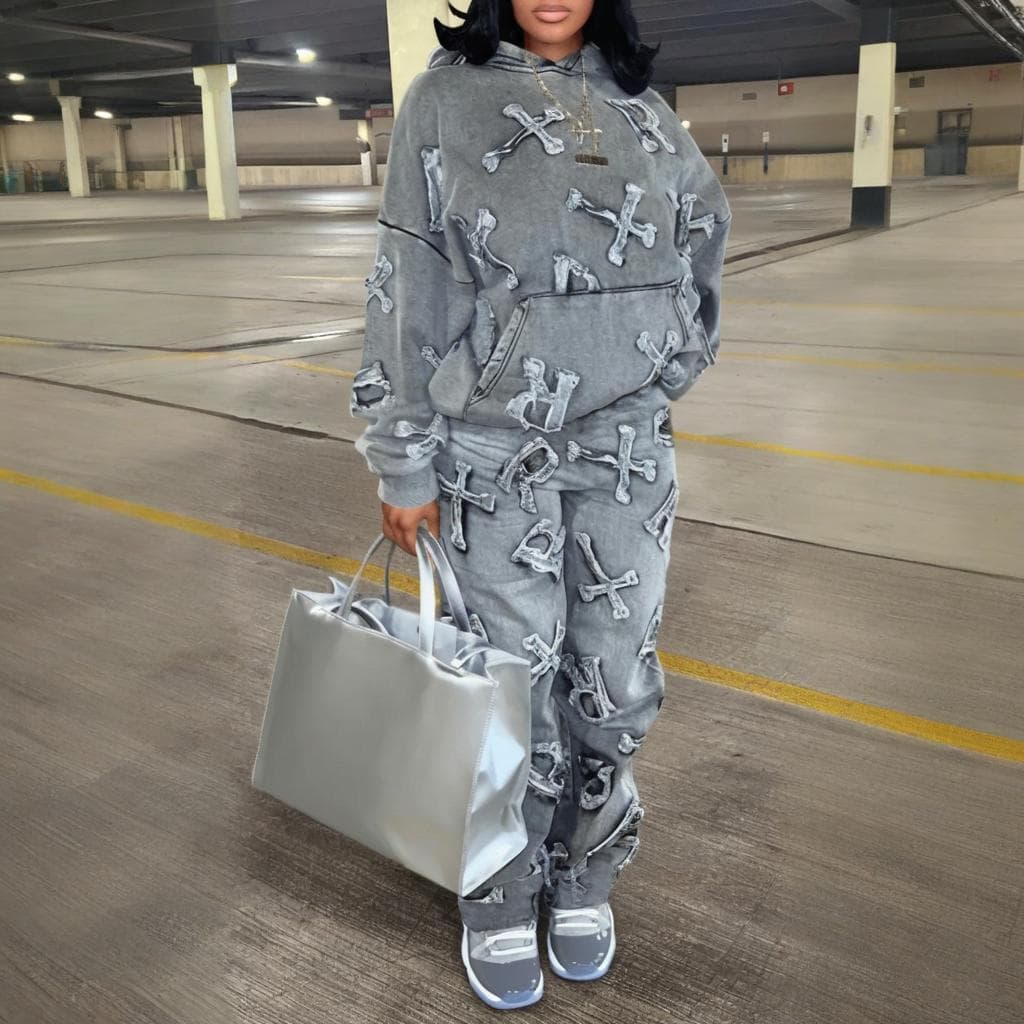 New Cross Print Pocket Long Sleeve Sweatshirt Women's Pants Set