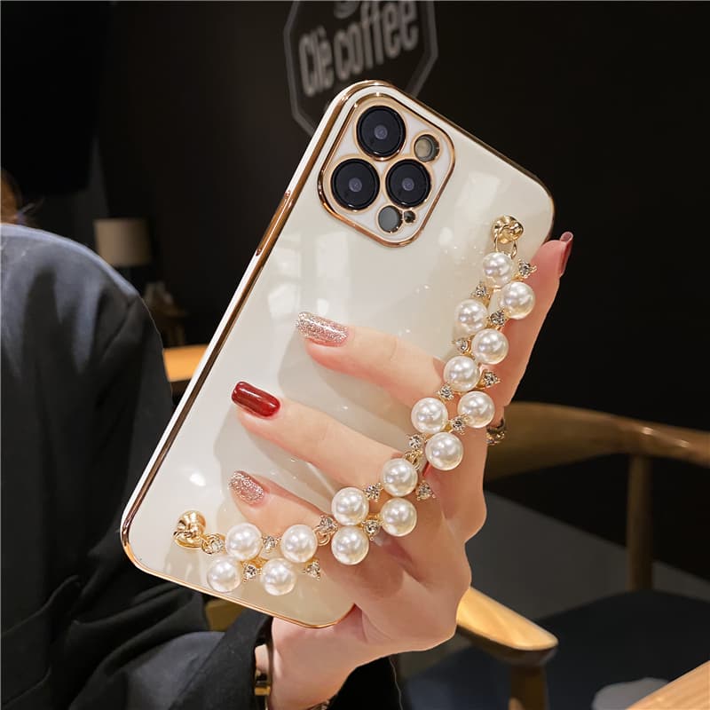 Luxury Plating Pearl Bracelet Chain Soft Case For iPhone 13 14 12 Pro Max 11 XS X XR 7 8 Plus mini SE 2 Glitter Silicone Cover