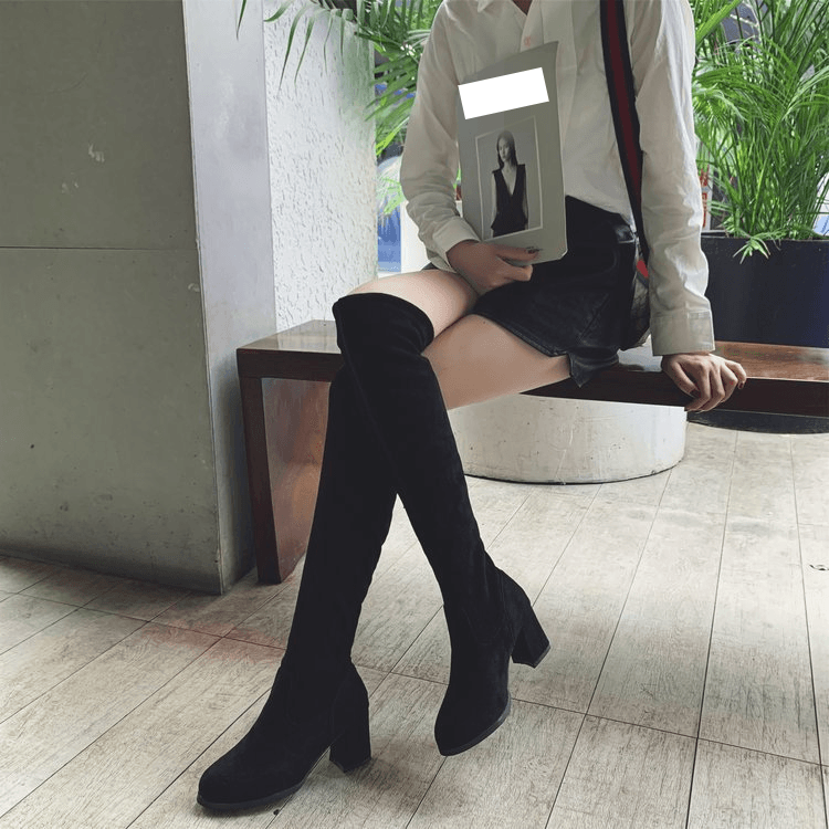 Over the knee boots women's knight boots suede thick heel lace-up artificial short plush high tube suede rubber high heel round head