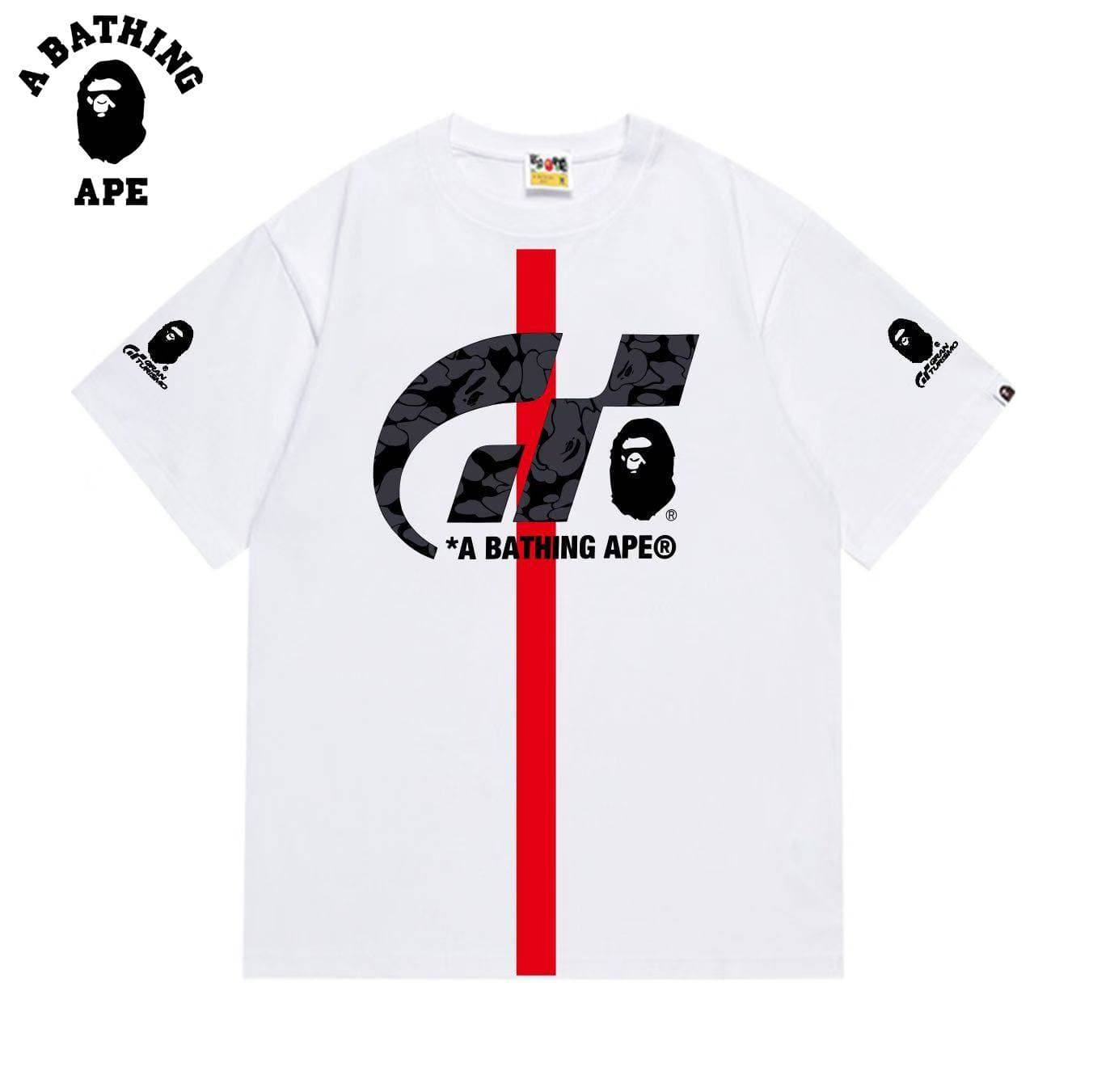 A BATHING APE BAPE-GT Car Cuff Monkey Head Print Round Neck Short Sleeved T-shirt Made Of Pure Cotton Fabric For Both Men And Women