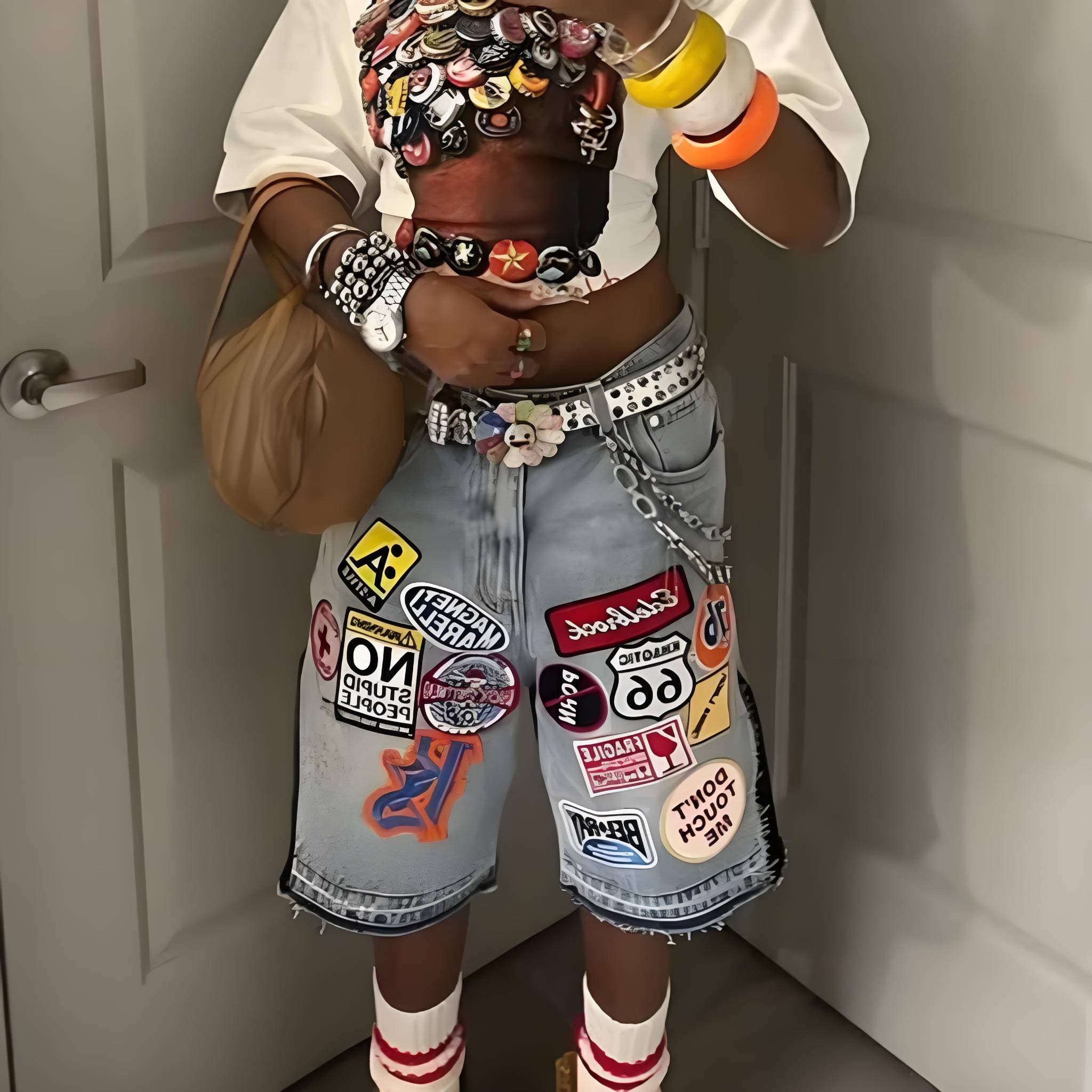 Men's Clothing Retro Denim Shorts Y2K Harajuku Hip Hop Cartoon LOGO Embroidered Loose Sports Shorts