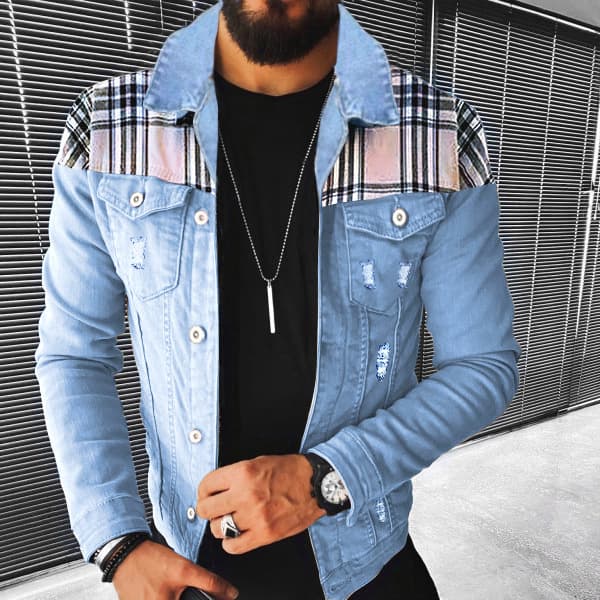 2524 * Men's Casual Multi Bag Plaid Patchwork Denim Jacket Trendy Men's Autumn And Winter New Product