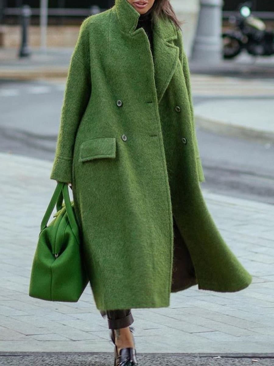 Women's long woolen coat solid color temperament commuting beltless lapel loose woolen green coat
