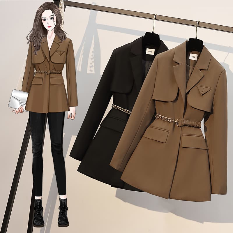Plus Size Women's Longline Blazer Jacket | Trendy Fall Winter Oversized Slimming Office Coat With Pockets