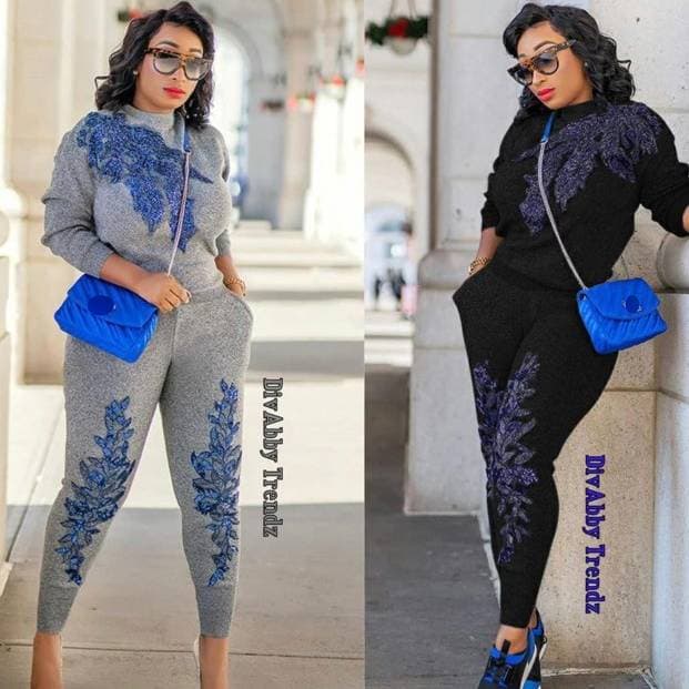 Women's High-quality Embroidered Sequined Flower Long-sleeved Sweater Paired With Casual Pants Fashion Suit
