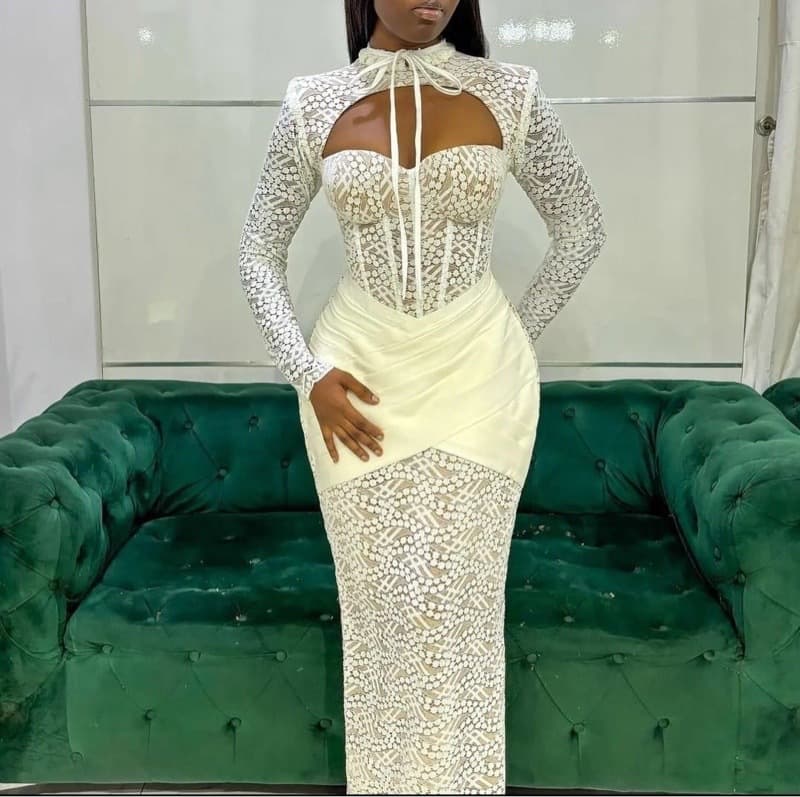 Women's Clothing New Half High Collar Lace Up Hollow Low Cut Sexy Hip Wrapped Long Sleeved Dress Evening Dress