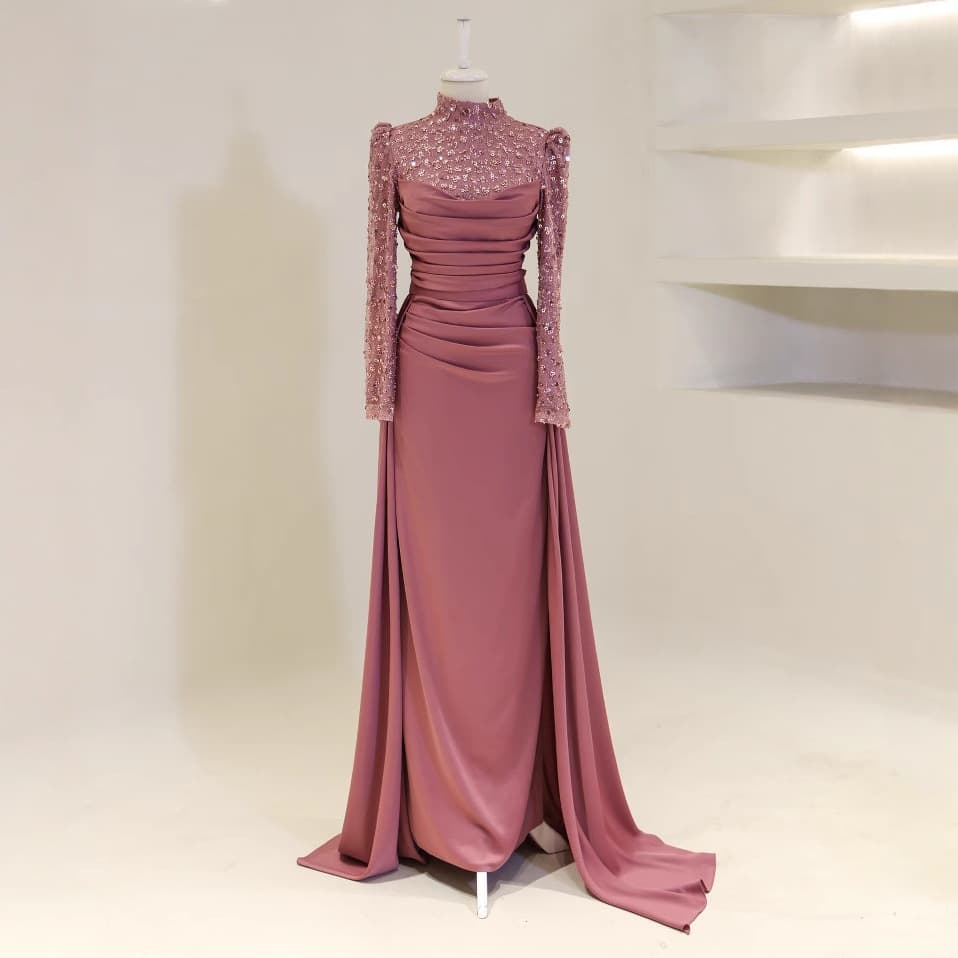 Detachable Two-Piece Satin Evening Gown – Modest High-Neck Long Sleeve Formal Dress For Banquets & Performances