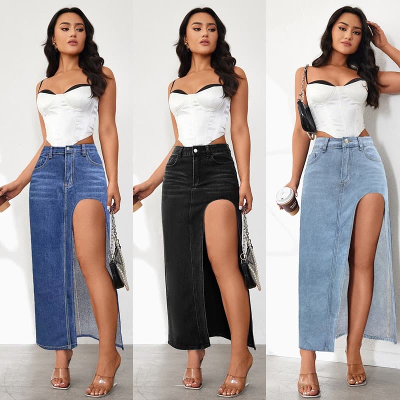 Women's Clothing Retro Denim A Line Skirt New Style Slit Denim Skirt Half Length Skirt Female Autumn And Winter Half Skirt High Waist Design