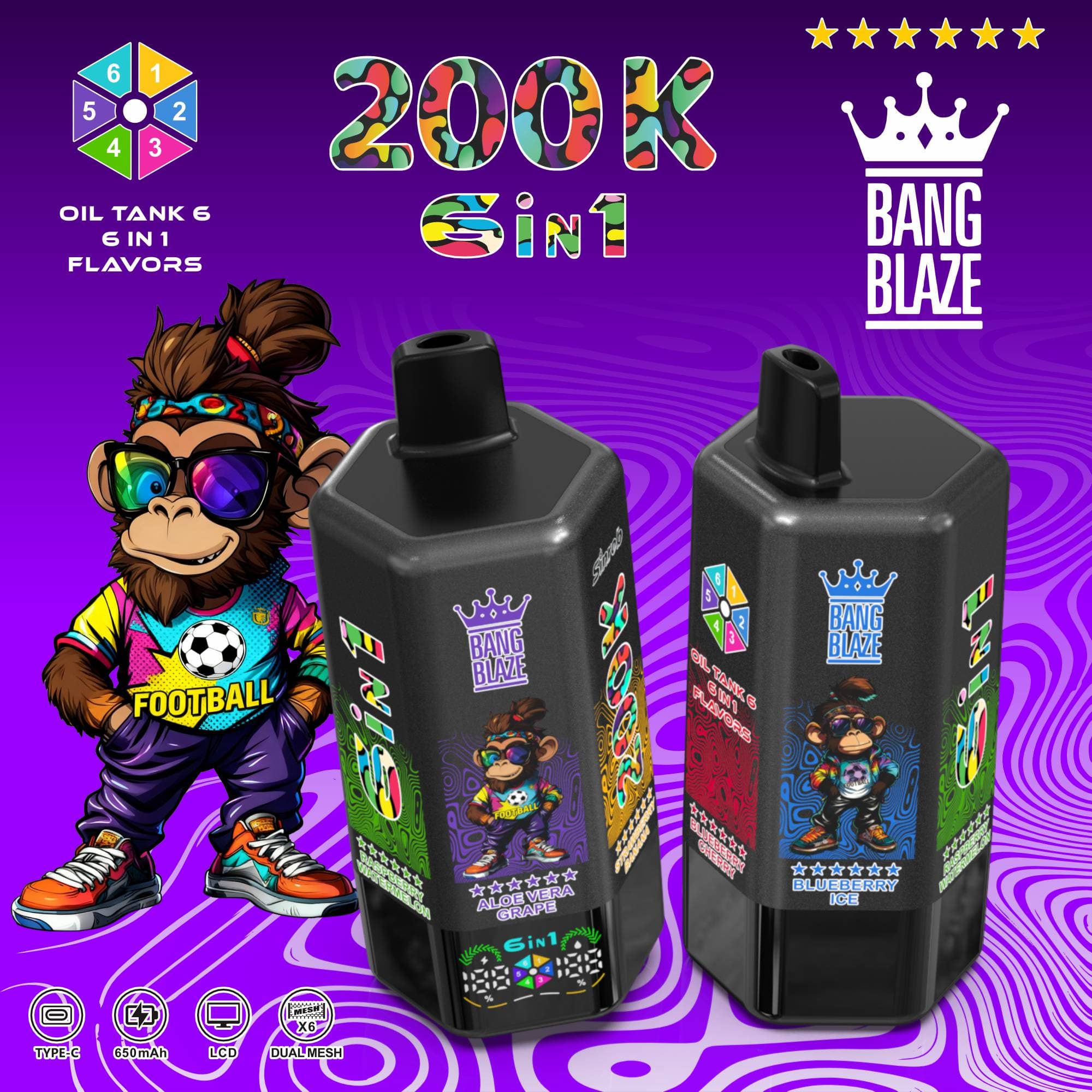 1 pièce Bang 6 saveurs 200K bouffées (200 000 bouffées) Cigarette électronique rechargeable avec 6 réservoirs d'huile et écran LCD Cigarette