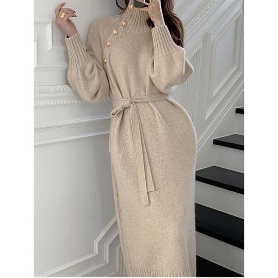 Women's solid color lace-up waist knit dress