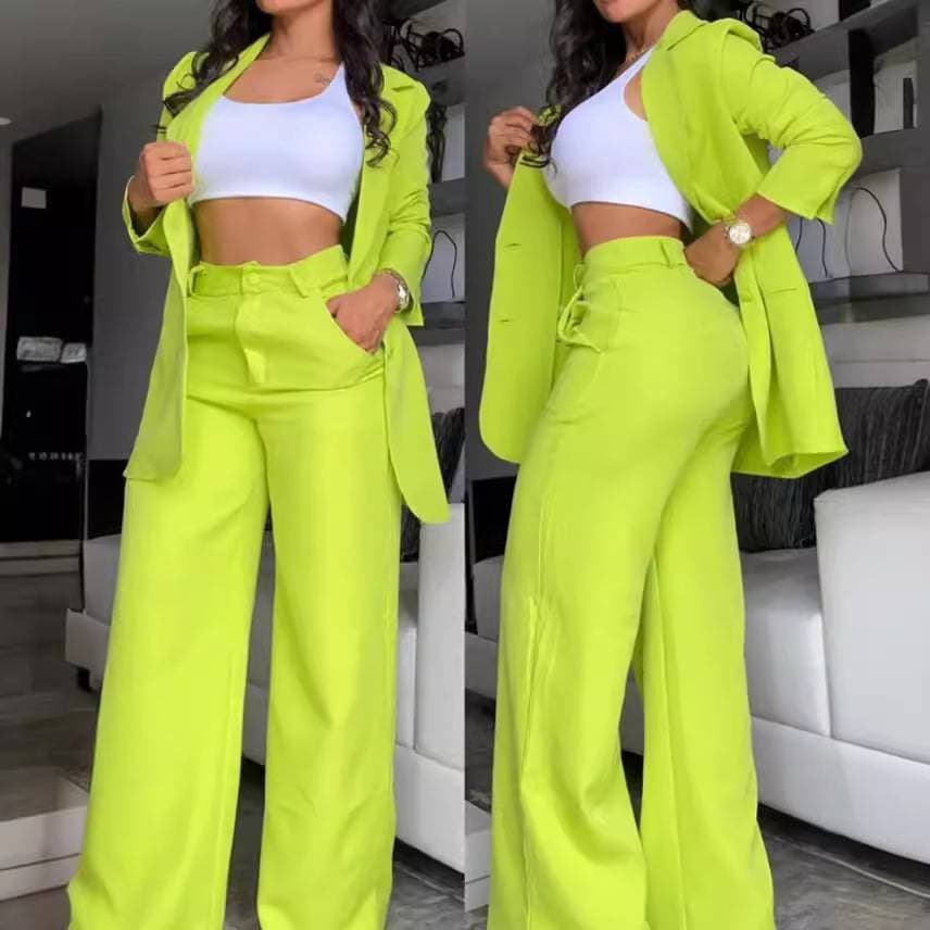 Women's Elegant Solid Color Split Sleeve Lapel Suit Pocket Straight Pants Suit