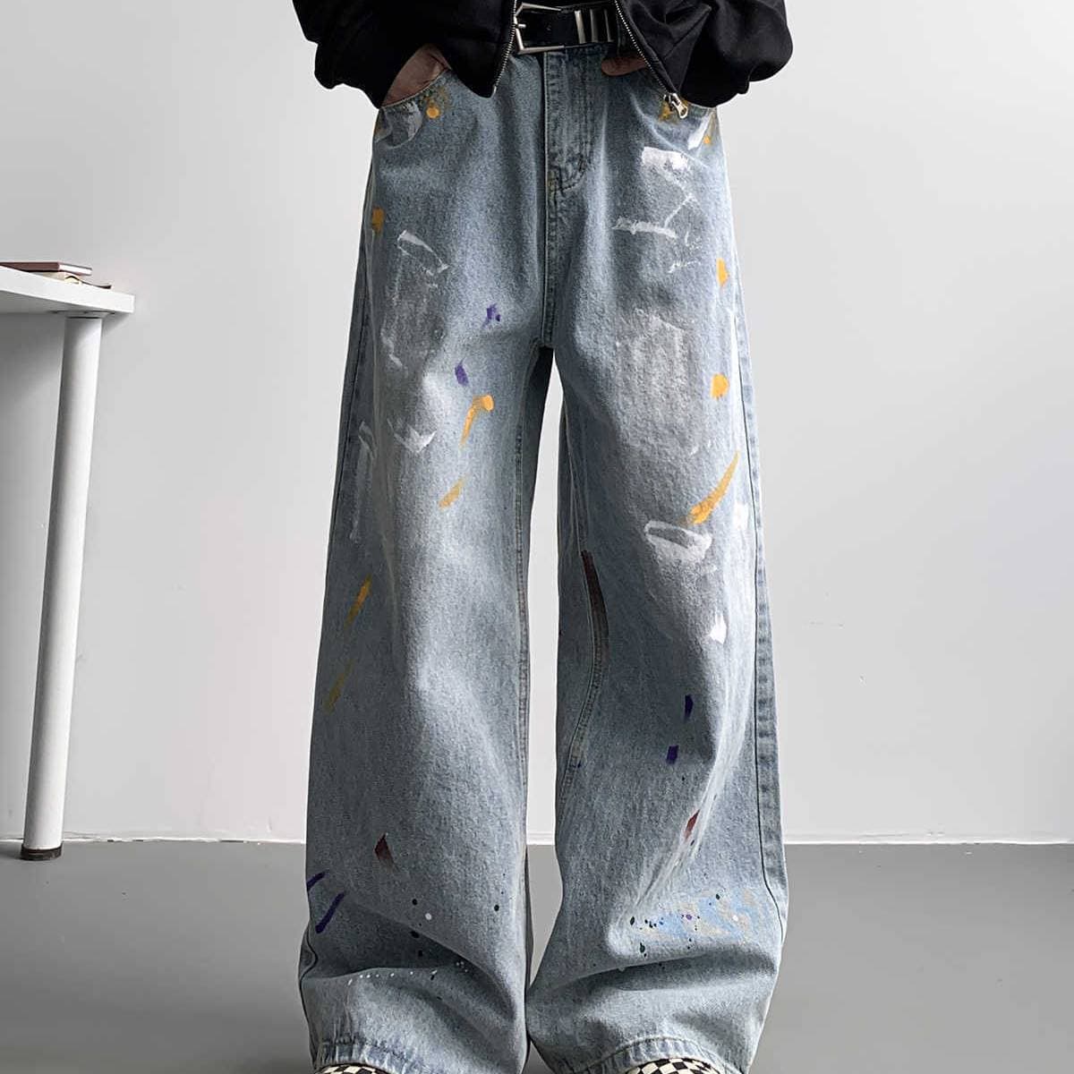 Men's Distressed Splatter Paint Jeans – Vintage-Inspired Streetwear Baggy Denim Pants, Oversized Straight-Leg With Artistic Graffiti Wash
