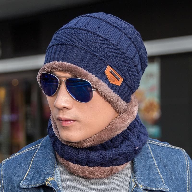 Winter hat men's trendy autumn and winter men's knitted hat plus velvet thickened woolen hat pullover hat and scarf suit