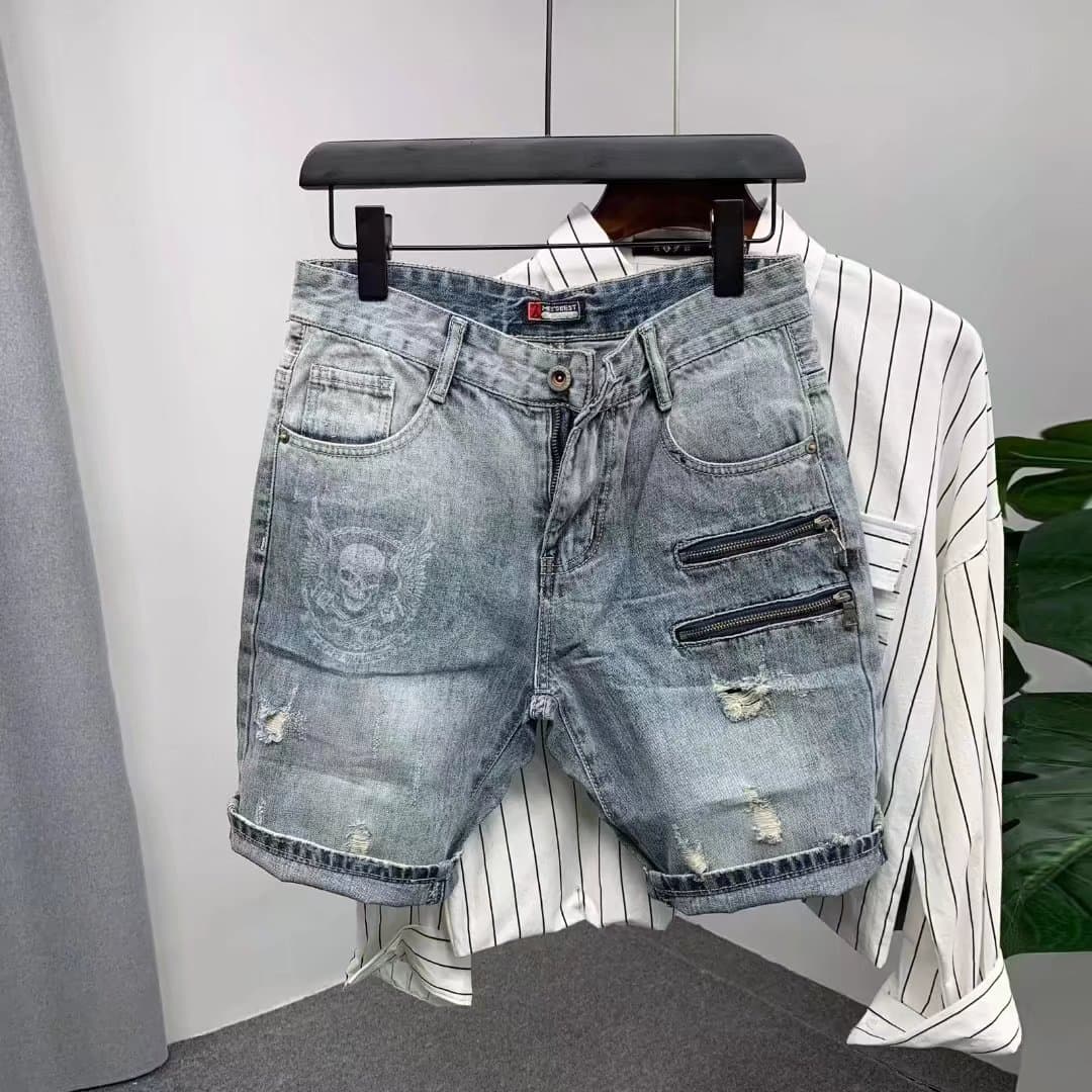 Men's Clothing Japanese retro summer heavy washed distressed work shorts men's loose straight denim shorts trendy shorts