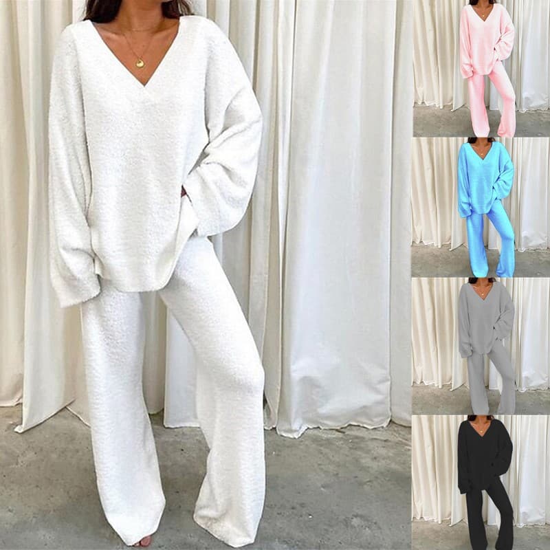Women's Clothing winter comfortable solid color V neck casual daily home warm two piece suit